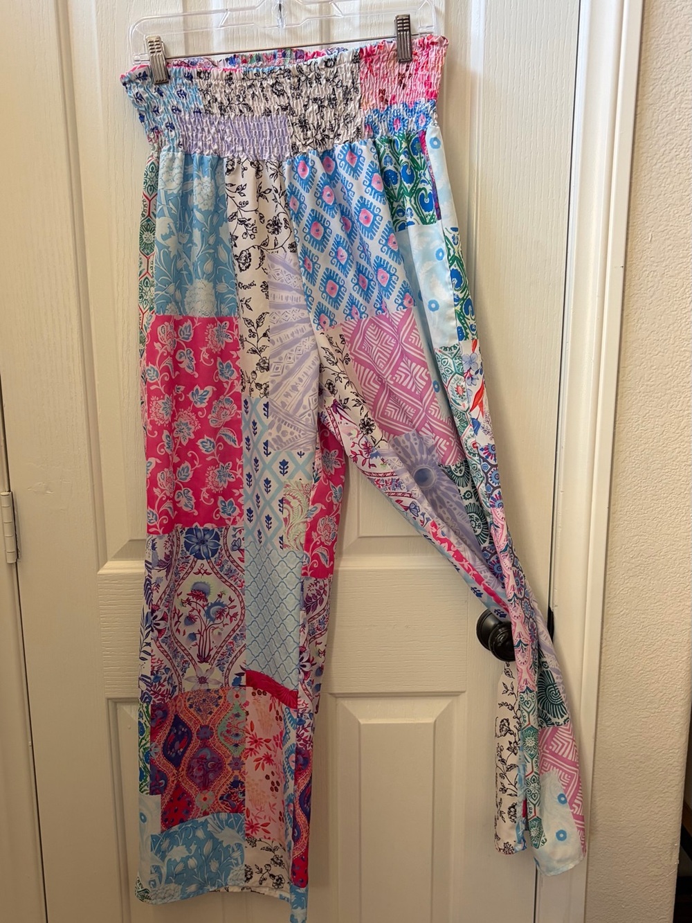 NEVER WORN Patchwork Printed Smocked Waist Wide-Leg Pants - Pink & Blue